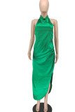 Groene elegante effen patchwork rugloze halter-jurken met split en halter