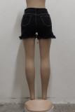 Zwarte mode casual effen kwastje hoge taille rechte denim shorts