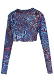 Blue Fashion Sexy Print See-through O Neck Tops