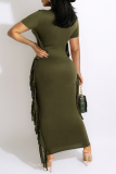 グリーンファッションプリントパッチワークレターOネックペンシルスカートドレス