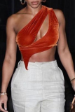 Oranje sexy effen patchwork tops met één schouder
