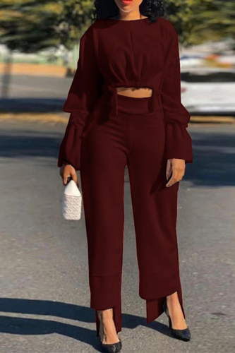 Burgundy Casual Solid Patchwork O Neck Long Sleeve Two Pieces