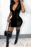 Black Sexy Solid Patchwork Zipper Collar Dresses