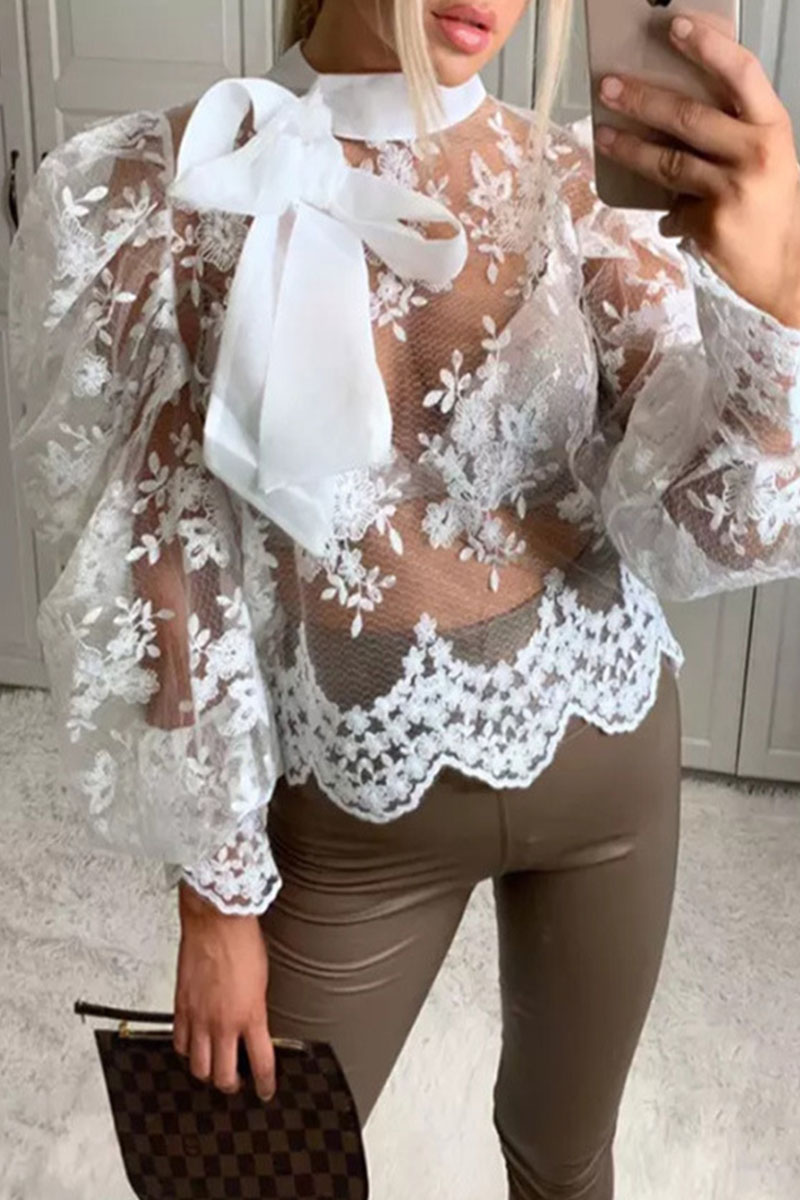 

White Sexy Embroidered Split Joint See-through With Bow O Neck Tops