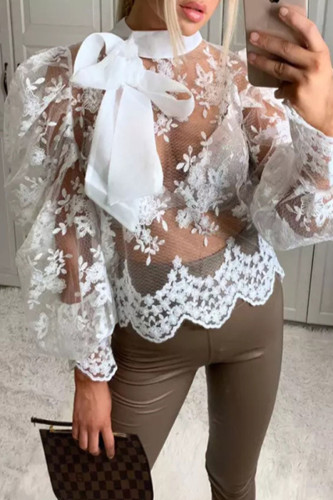 White Sexy Embroidered Patchwork See-through With Bow O Neck Tops