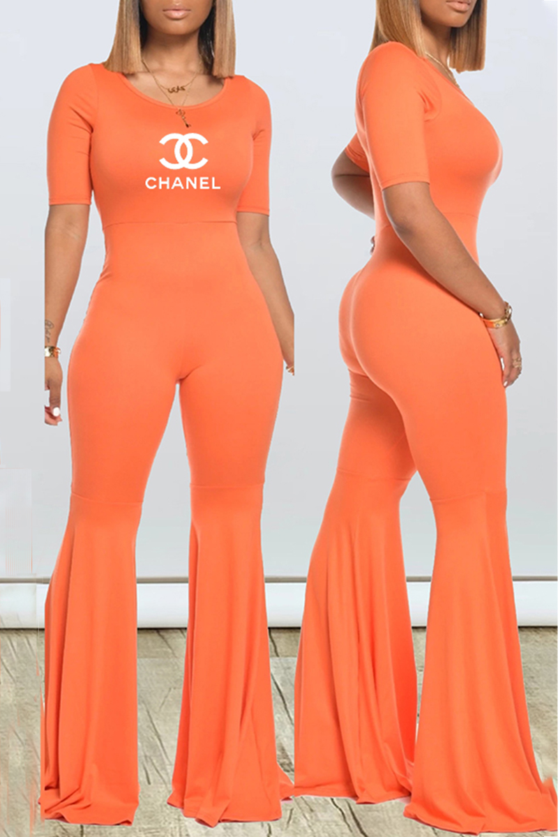 

Orange Fashion Casual Print Letter O Neck Jumpsuits