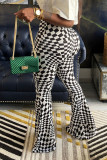 Moda preta casual estampa xadrez patchwork boot cut cintura alta alto-falante calça estampada completa