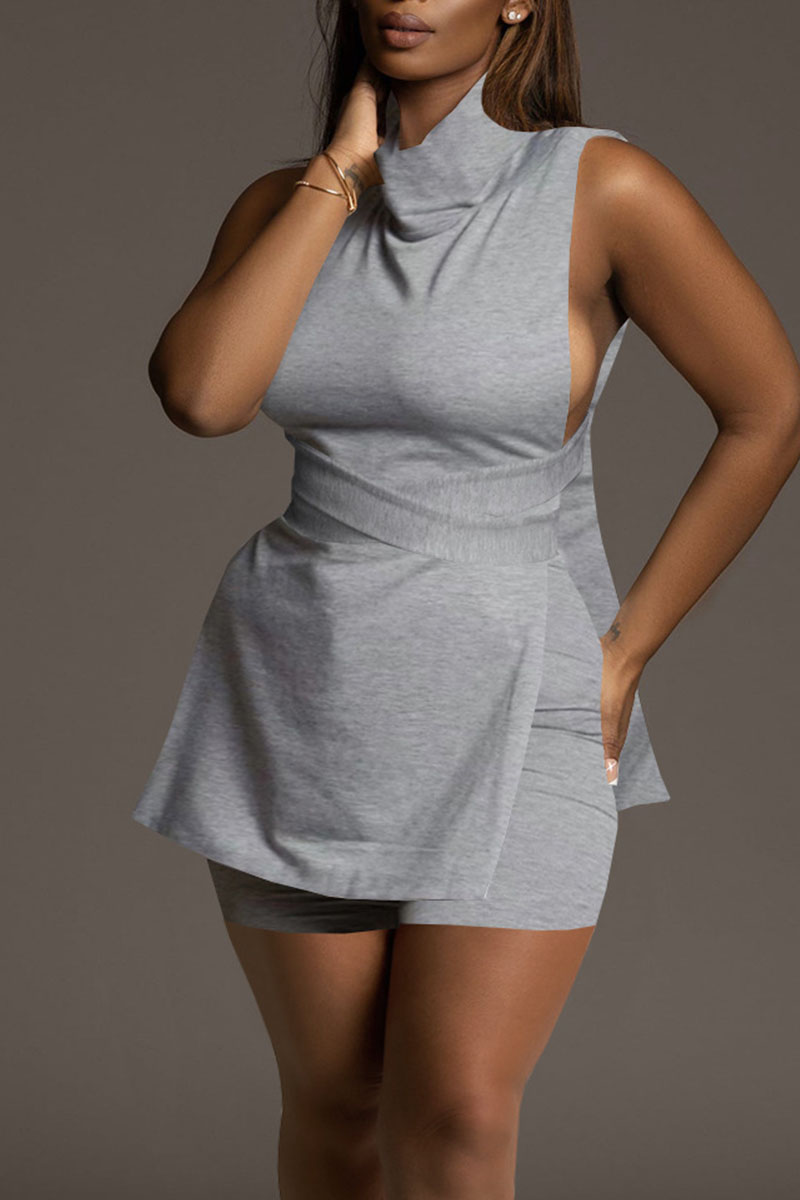 

Grey Sexy Solid Bandage Hollowed Out Split Joint Asymmetrical Turtleneck Sleeveless Two Pieces