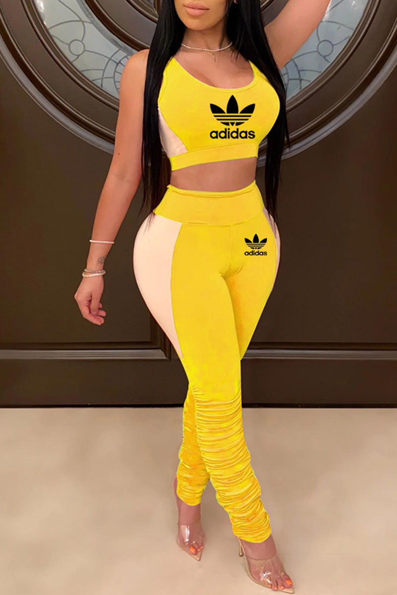 

Yellow Fashion Sportswear Print Letter U Neck Sleeveless Two Pieces