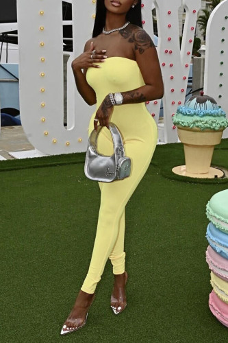 Yellow Sexy Solid Patchwork Strapless Skinny Jumpsuits
