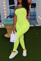 Fluorescent Green Sexy Solid Patchwork Strapless Skinny Jumpsuits