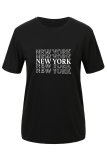 ブラック ファッション カジュアル プリント パッチワーク レター O ネック Tシャツ