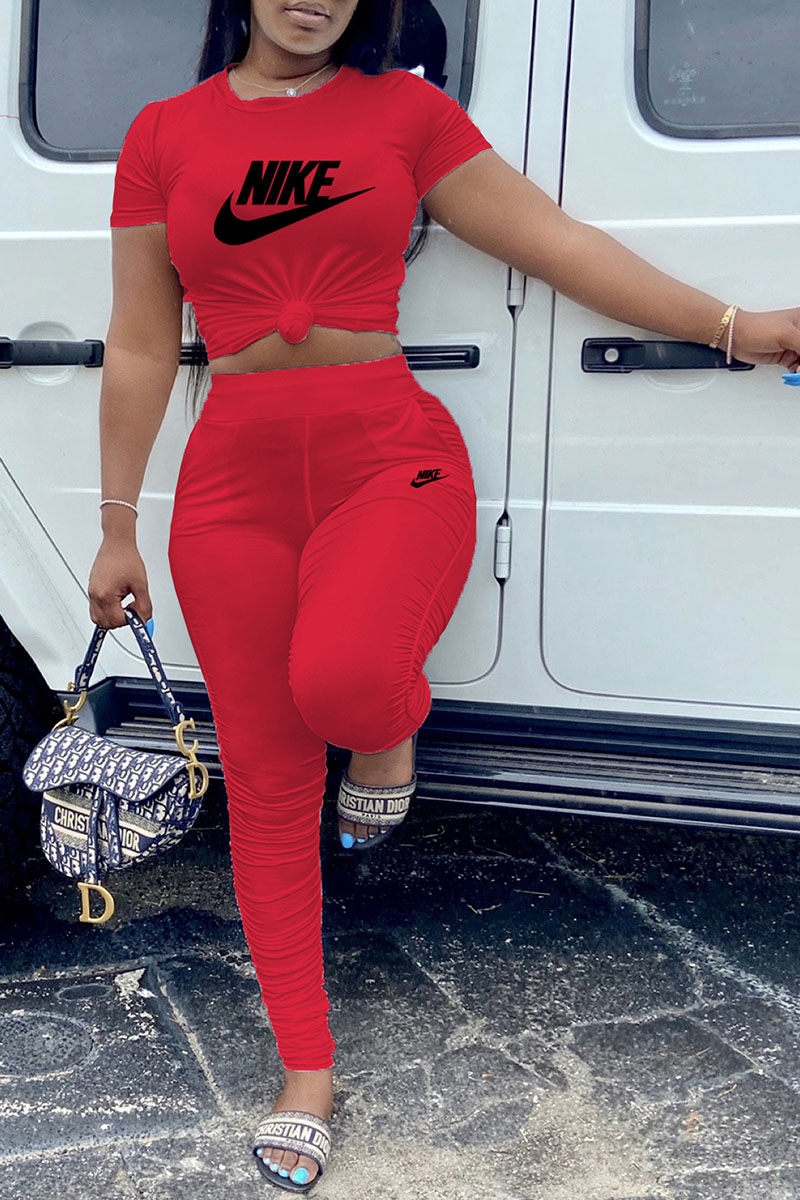 

Red Fashion Casual Print Letter O Neck Short Sleeve Two Pieces