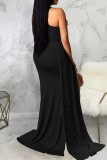 Black Sexy Solid Hollowed Out Patchwork Asymmetrical Oblique Collar Straight Dresses