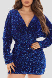 Blue Celebrities Elegante einfarbige Patchwork-Kleider mit V-Ausschnitt und einstufigem Rock mit Pailletten