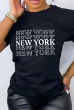 Camisetas con cuello en O de letras de patchwork con estampado casual de moda negro