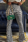 Moda preta casual estampa xadrez patchwork boot cut cintura alta alto-falante calça estampada completa