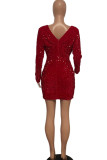 Red Celebrities Elegant Solid Sequins Patchwork V Neck One Step Skirt Dresses