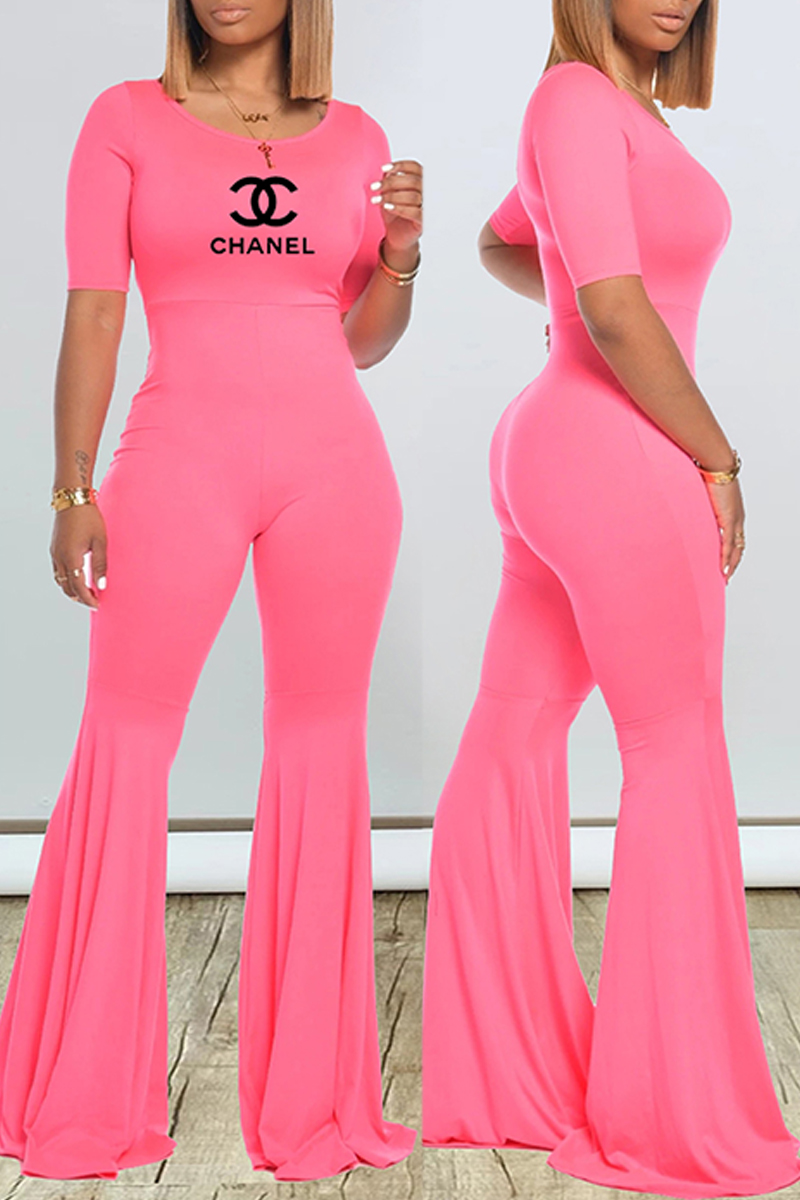 

Pink Fashion Casual Print Letter O Neck Jumpsuits