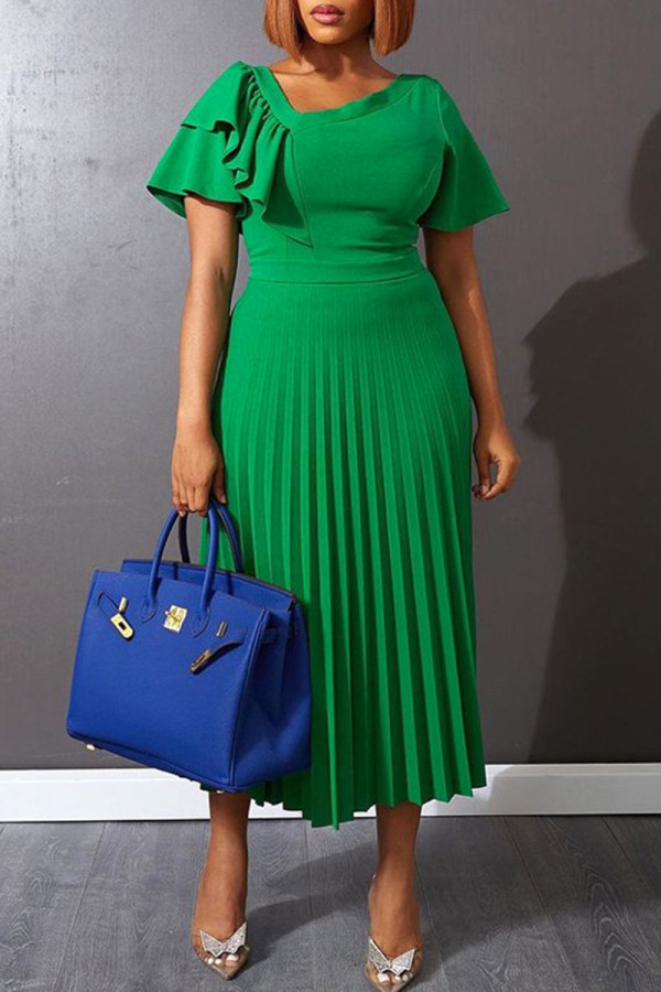 Grüne, elegante, einfarbige A-Linien-Kleider mit Patchwork-Falten und asymmetrischem Kragen