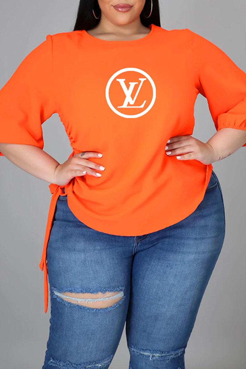 

Orange Fashion Casual Print Letter O Neck Plus Size Tops