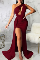 Red Sexy Solid Hollowed Out Patchwork Asymmetrical Oblique Collar Straight Dresses