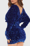 Blauwe beroemdheden elegante effen pailletten patchwork v-hals one-step rokjurken