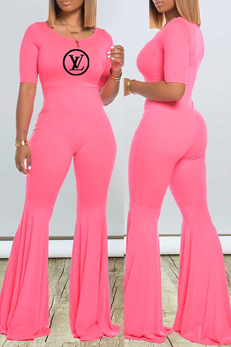 

Pink Fashion Casual Print Letter O Neck Jumpsuits