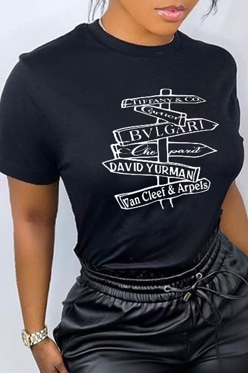 

Black Casual Print Patchwork Letter O Neck T-Shirts