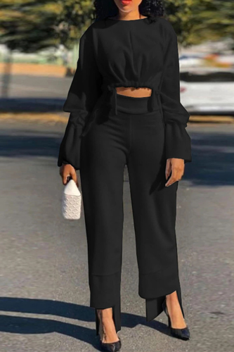 Black Casual Solid Patchwork O Neck Long Sleeve Two Pieces