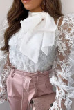 Blanco sexy bordado patchwork transparente con arco O cuello tops