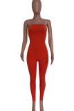 Rose Red Sexy Solid Patchwork Strapless Skinny Jumpsuits