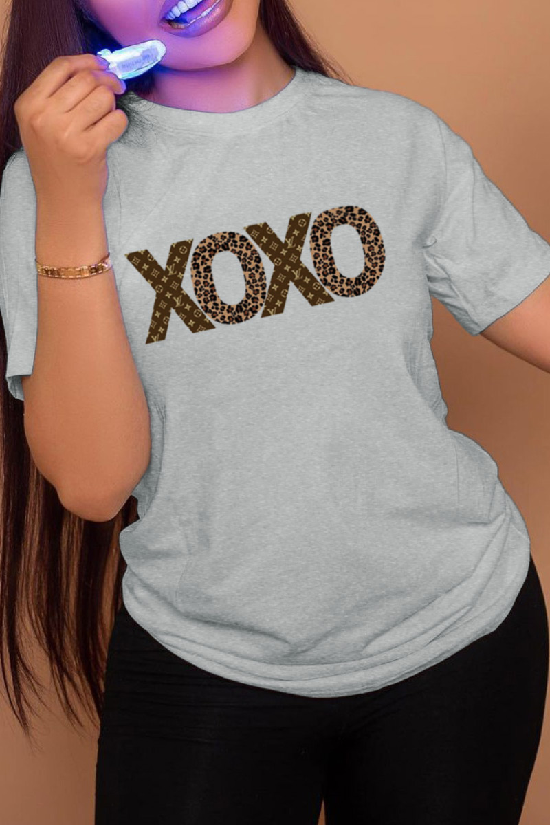 

Grey Fashion Casual Print Split Joint Letter O Neck T-Shirts