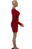 Celebridades vermelhas elegantes lantejoulas sólidas patchwork decote em V vestidos de saia de um passo