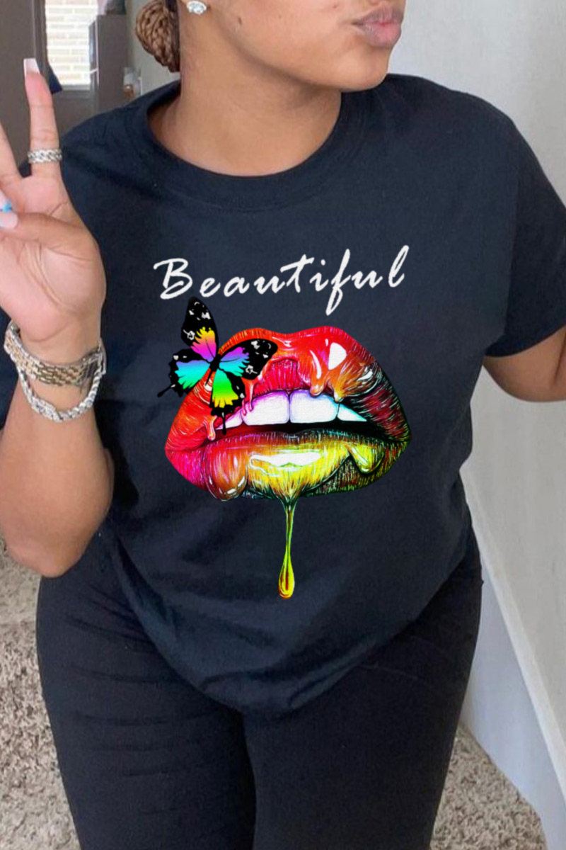 

Black Fashion Daily Lips Printed Split Joint Letter O Neck T-Shirts