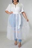ホワイトカジュアルソリッドパッチワークバックルターンダウンカラープラスサイズのドレス