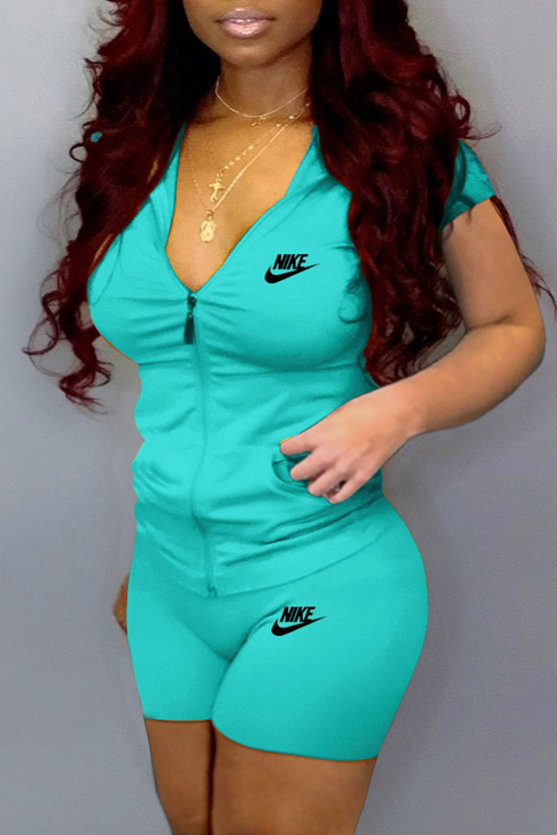 

Lake Blue Fashion Sportswear Print Split Joint Hooded Collar Short Sleeve Two Pieces