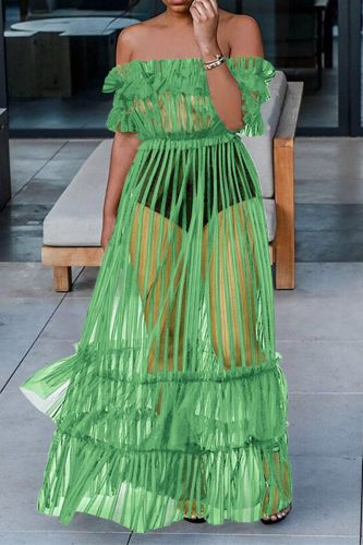Light Green Sexy Solid Patchwork U Neck Cake Skirt Dresses