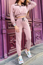 ピンク ファッション カジュアル ソリッド パッチワーク ジッパー カラー ロング スリーブ XNUMX ピース