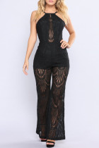 Black Fashion Sexy Solid Patchwork See-through O Neck Regular Jumpsuits