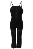 Zwarte mode sexy effen patchwork doorzichtige O-hals reguliere jumpsuits
