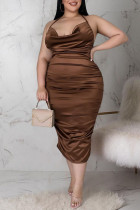 Coffee Sexy Solid Patchwork Backless Fold Halter One Step Skirt Plus Size Dresses