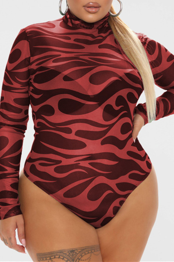 Macacão skinny vermelho fashion sexy com estampa transparente de gola alta mangas compridas