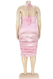 ピンクのセクシーなソリッドパッチワークバックレスフォールドホルターワンステップスカートプラスサイズのドレス