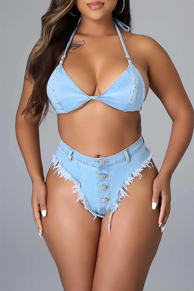 

Light Blue Fashion Sexy Solid Split Joint Buttons Backless Strap Design Swimwears