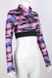Pink Fashion Casual Letter Camouflage Print Patchwork Zipper Collar Tops