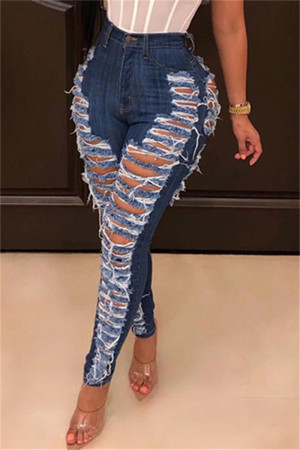 Dark Blue Fashion Casual Solid High Waist Skinny Ripped Denim Jeans