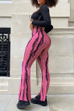 Розовые модные повседневные базовые брюки с завышенной талией и принтом