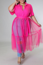 ローズレッドカジュアルソリッドパッチワークバックルターンダウンカラープラスサイズのドレス