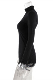 Zwarte mode sexy effen asymmetrische coltrui lange mouwen jurken